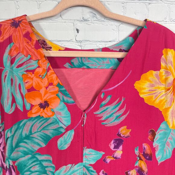 Vintage Hawaiian Midi Dress Womens  Plus 18W Hot Pink Floral Tropical Beach - Picture 5 of 13